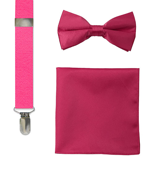 men's hot pink bow tie, suspenders and hankie sets